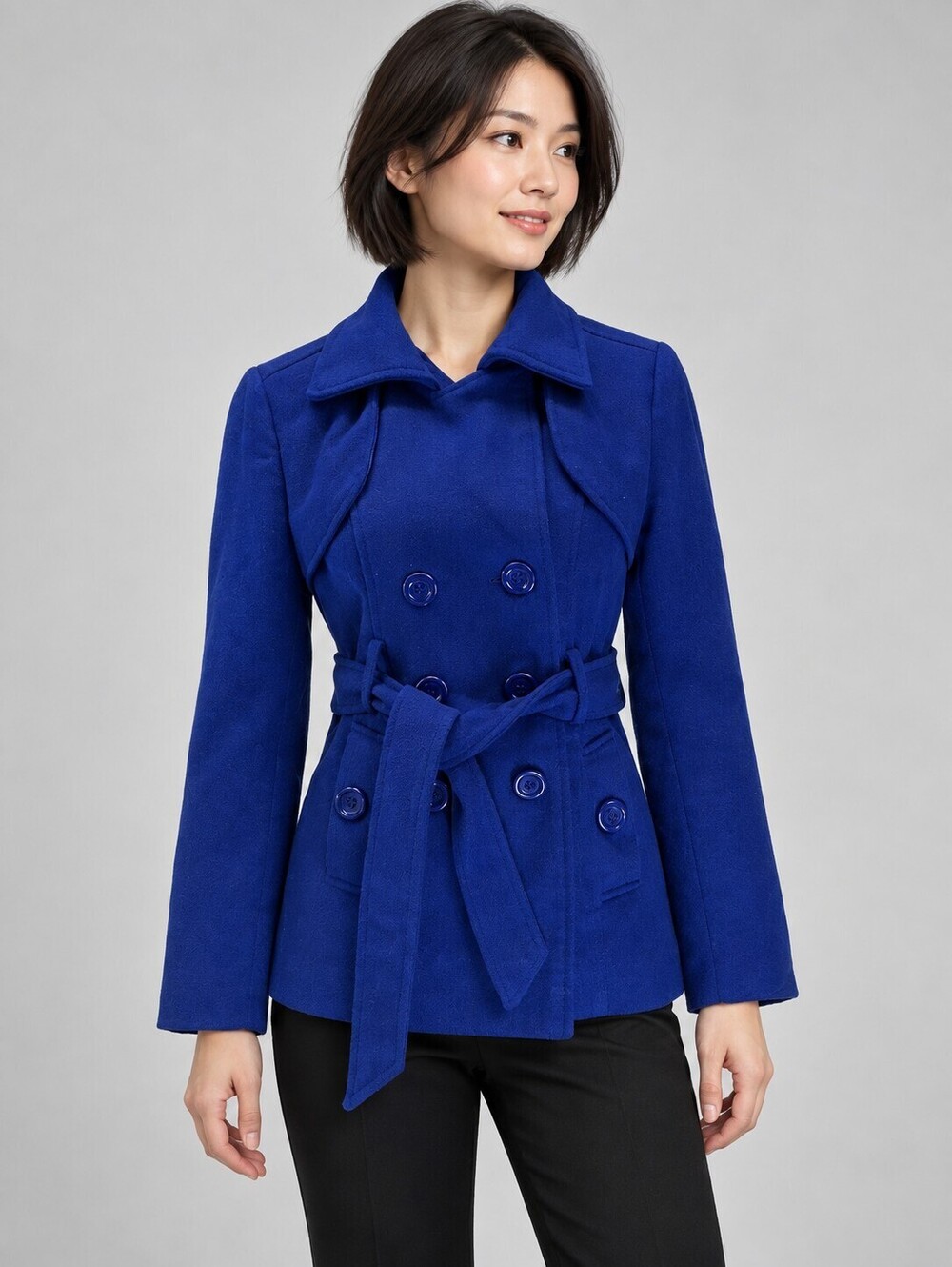 Forever 21 S Blue Belted Wool Blend Double Breasted Pea Coat